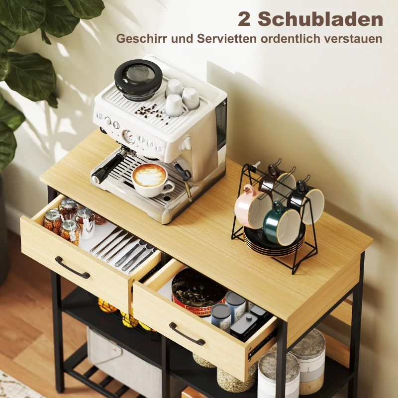 HOMCOM Sideboard, Kommode mit 2 Schubladen, 3 offenen Regalen Küchenschrankfür Küche, Wohnzimmer 90 x 40 x 91 cm, Naturholz
