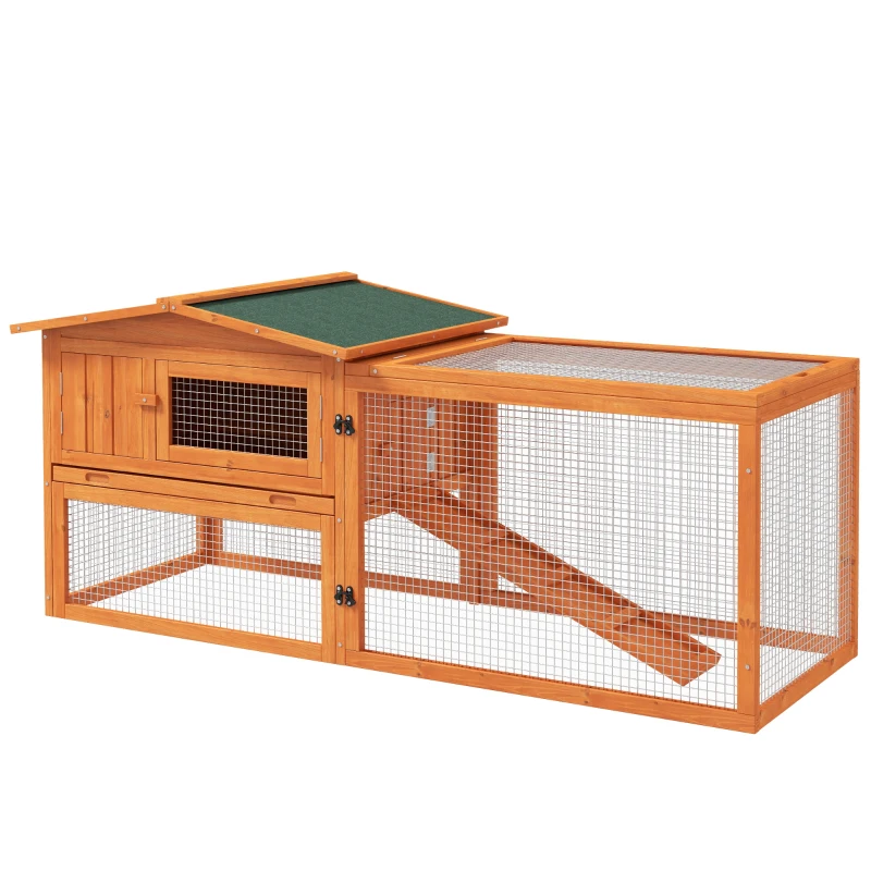 PawHut Coelheira de Madeira Exterior Gaiola para Coelhos de 2 Níveis com Teto Asfáltico 2 Áreas Cercadas Bandeja Removível 2 Portas Janela e Rampa 157,4x53x93,5cm Madeira Natural