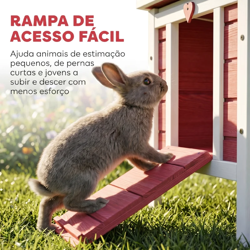 PawHut Coelheira de Madeira Exterior Coelheira para Roedores Animais de Estimação Pequenos com Teto Asfáltico e Rampa Antiderrapante 42x51x43cm Vermelho