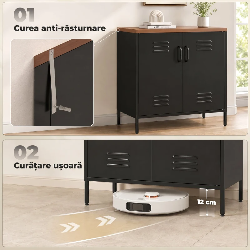 HOMCOM Bufet Metalic cu 2 Uși și Raft Reglabil, pentru Living sau Birou, Negru
