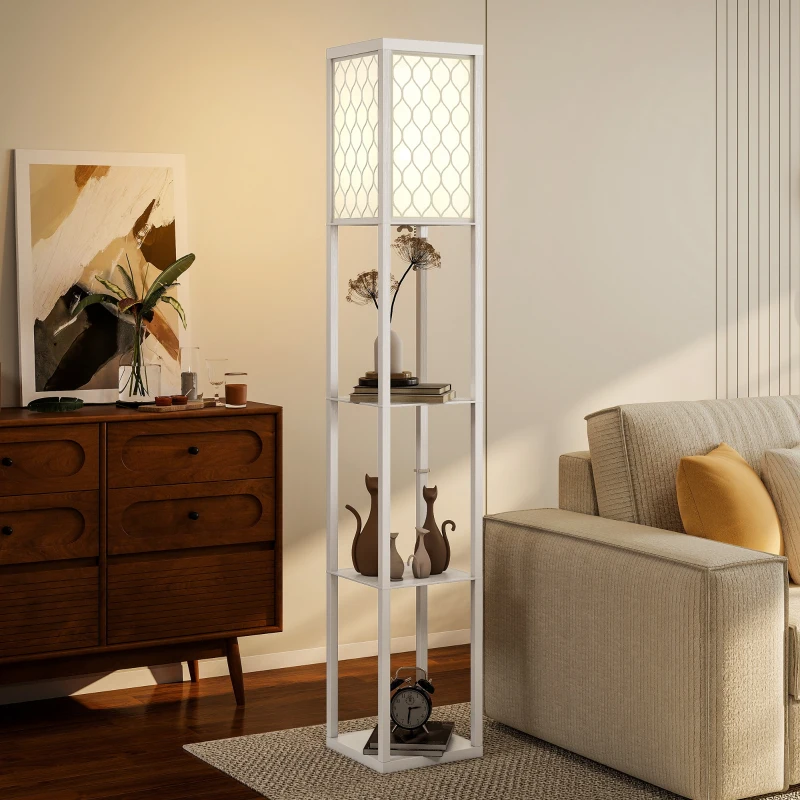 HOMCOM Stehlampe mit Regal, 3 Fächer, kompakte Maße, MDF, Weiß