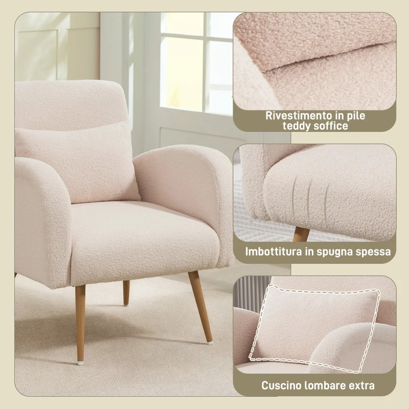 HOMCOM Poltrona per Salotto Moderna in Tessuto Teddy con Cuscino Lombare Sfoderabile, 77x77x83 cm, Beige