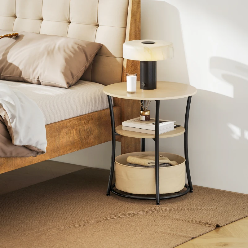HOMCOM Beistelltisch 3-stufiger Couchtisch mit Ladestation, Stoff-Aufbewahrungstasche, Ablage, 50x50x55,1 cm Naturholz