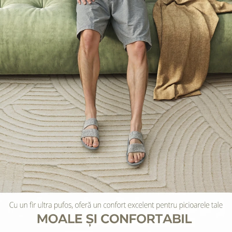 HOMCOM Covor Modern Antiderapant din Poliester și Bumbac cu Design Liniar, pentru Living, Dormitor, Crem