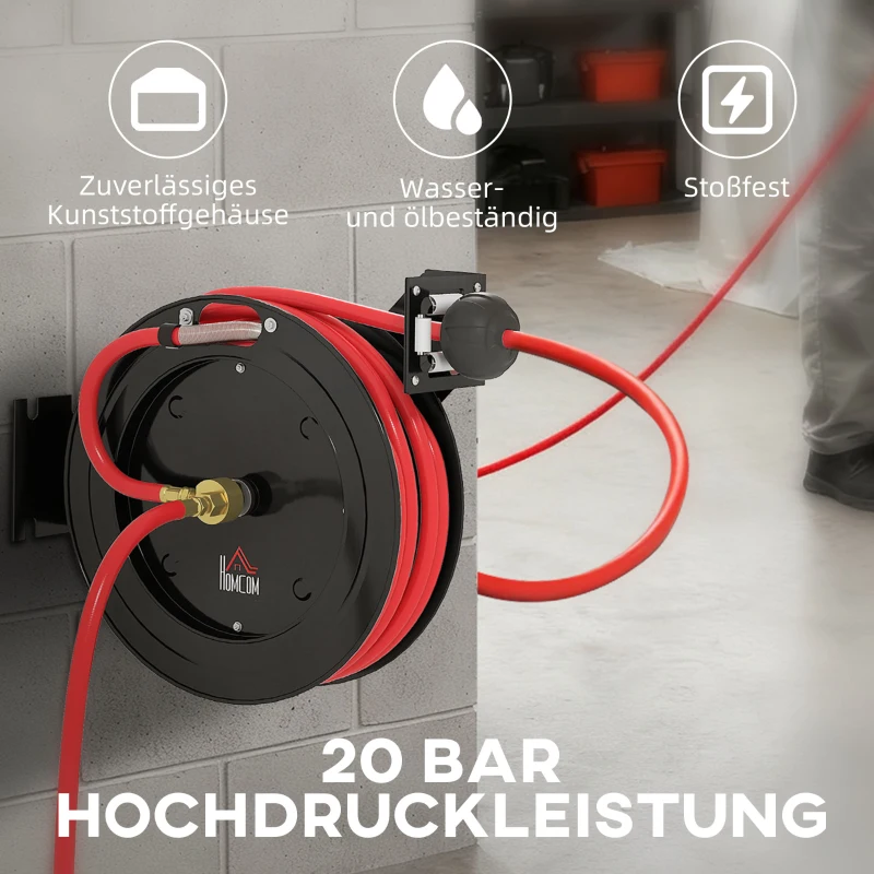 HOMCOM Wandmontierte Gartenschlauchrolle, automatisches Zurückziehen, 20 bar Wasserdruck, 15+1 m Wasserschlauch, Metall