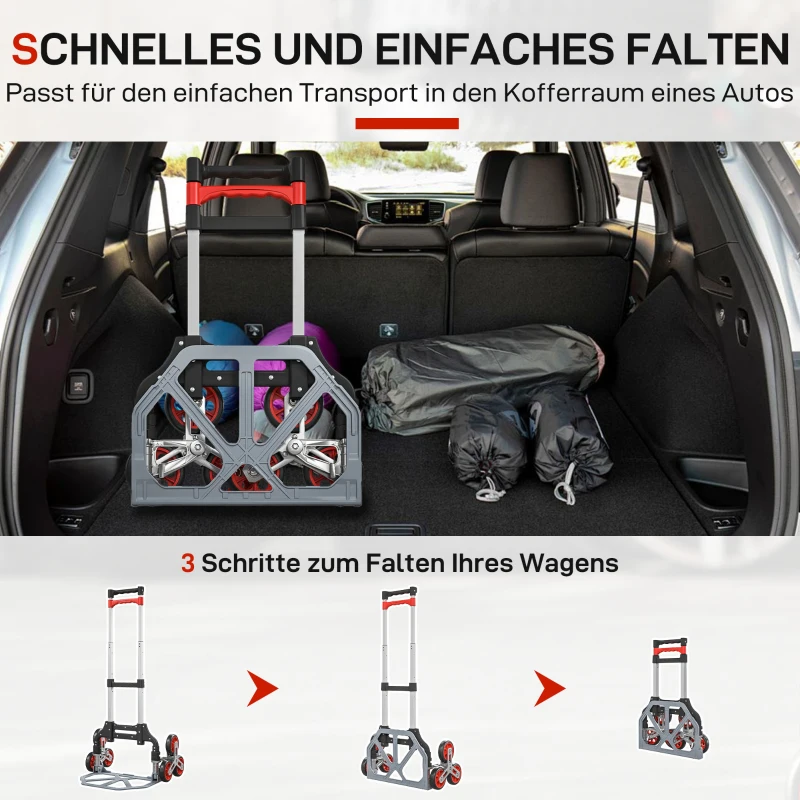HOMCOM Faltbarer Treppensteiger-Trolley, 6-Rad-System, trägt 70 kg, Aluminium, Rot