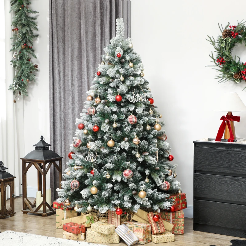 HOMCOM Künstlicher Weihnachtsbaum 180 cm künstlich Tannenbaum mit Schnee, 1000 Spitzen 34 Tannenzapfen Breite Basis