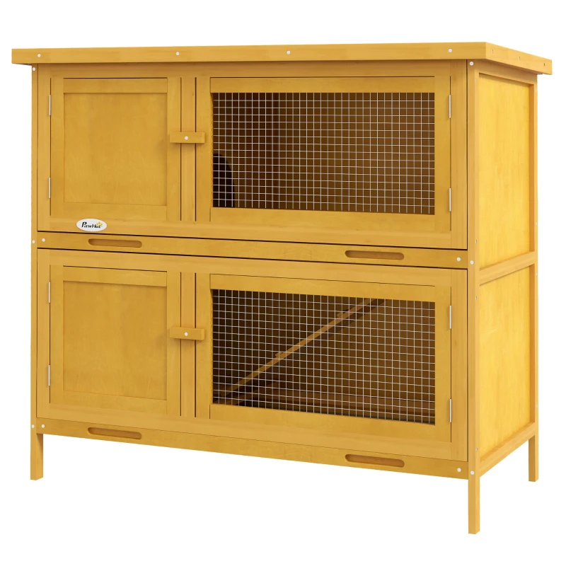 PawHut Conigliera a 2 Livelli in Legno di Abete e Bitume con Rampa, 2 Vassoi Estraibili 4 Porte, 97x44x91 cm, Giallo