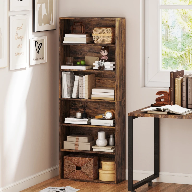HOMCOM Six Shelf Bookcase - Rustic Brown