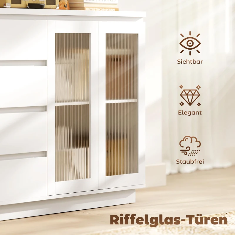 HOMCOM Buffetschrank, Sideboard mit 4 Schubladen, 2 Glastüren, modernes Design, MDF, Weiß