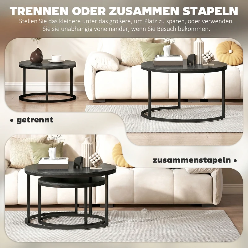 HOMCOM Modernes Kaffeetisch 2er-Set, Stapelbare Beistelltische mit Metallgestell für Wohnzimmer, Schlafzimmer, Büro, Schwarz