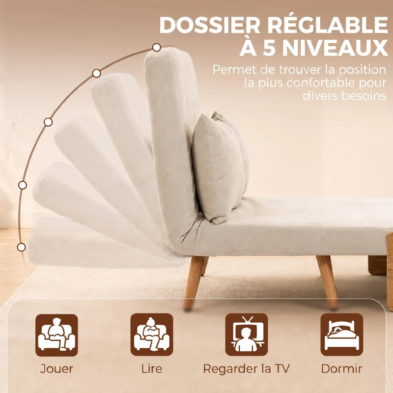 HOMCOM Canapé Convertible 2 Places, Canapé-Lit 3 en 1 Chenille 103cm, Dossier Réglable, 2 Oreillers, Accoudoirs en Bois, Crème