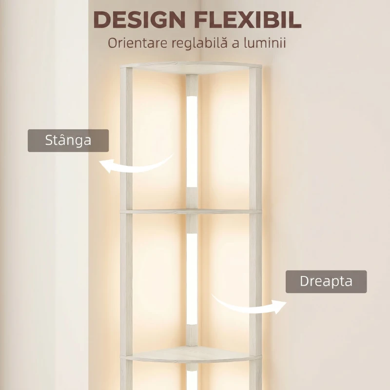 HOMCOM Lampadar Podea LED, 4 Rafturi, Lumină Reglabilă 3000K, MDF, 41x29,5x163,5 cm, Stejar