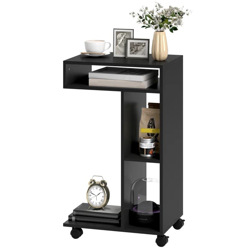 HOMCOM Beistelltisch, C-förmiger Servierwagen, 4 Rollen, 3 Fächer, 40 x 30 x 69 cm, Schwarz