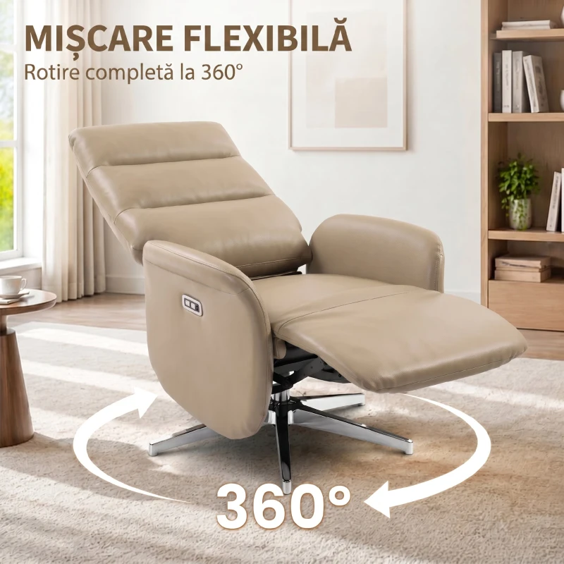 HOMCOM Fotoliu Electric Reclinabil și Rotativ cu Suport pentru Picioare, USB, Maro