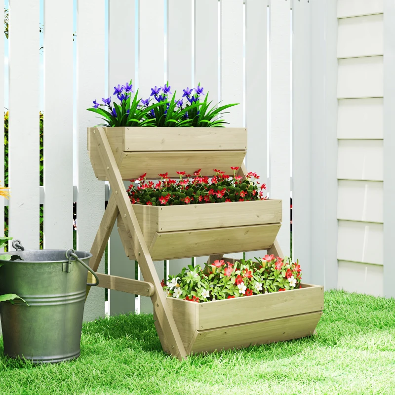 Outsunny Vertikales Hochbeet mit 3 Etagen Vertikalbeet aus Holz Blumenkasten mit 3 Pflanzkästen Ablauflöchern Grün