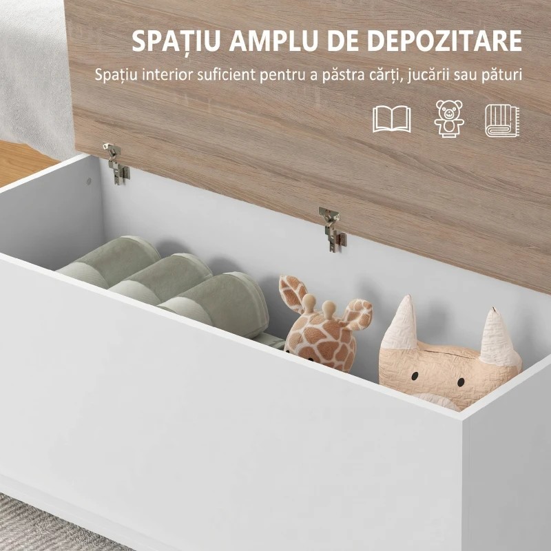 HOMCOM Ladă de Depozitare pentru Interior 113L cu Capac Rabatabil din Lemn pentru Dormitor și Hol, 100 x 40 x 40 cm, Alb