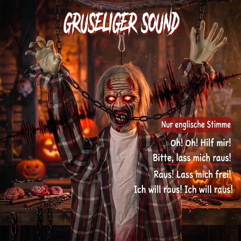 HOMCOM 110 cm animierte hängende Halloween-Deko, schreiender Zombie, Sound- & Berührungsaktivierung, rote LED-Augen