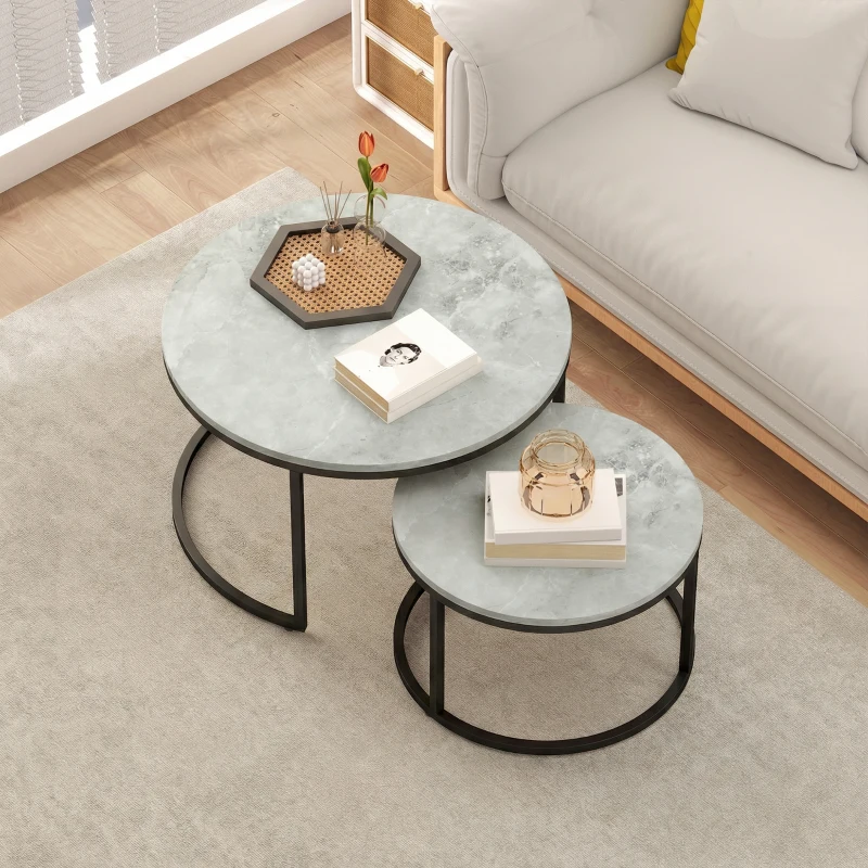 HOMCOM Modernes Kaffeetisch 2er-Set, Stapelbare Beistelltische mit Metallgestell für Wohnzimmer, Schlafzimmer, Büro, Grau