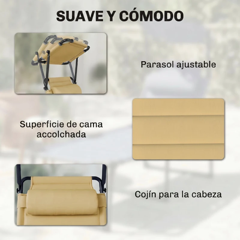 Outsunny Tumbona de Jardín con Toldo Ajustable Respaldo Regulable en 4 Niveles Reposacabezas para Terraza 70x200x45 cm Crema