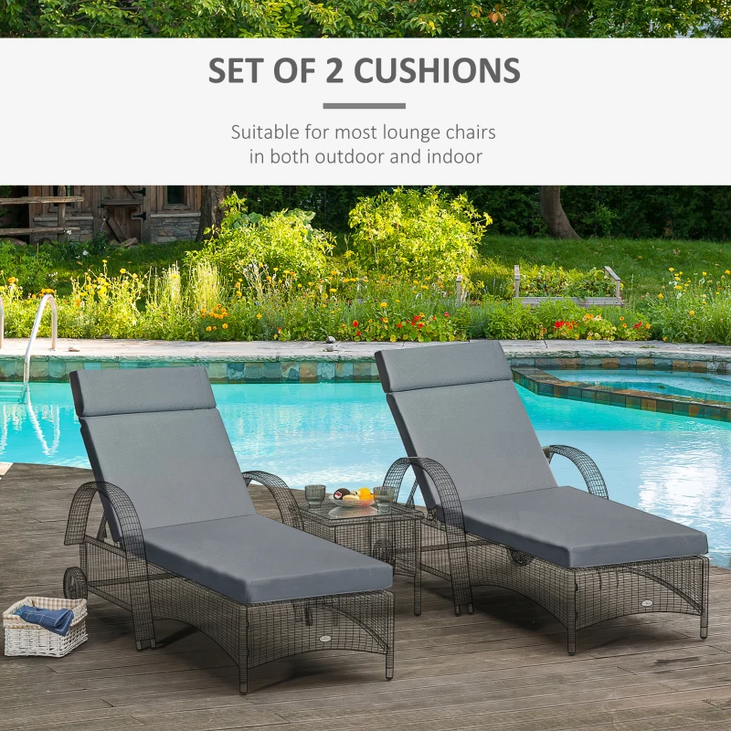 Outsunny Set of 2 Sun Lounger Cushions - Replacement Cushions for Rattan Furniture with Ties, 196 x 55 cm, Cushion ONLY, Dark Grey