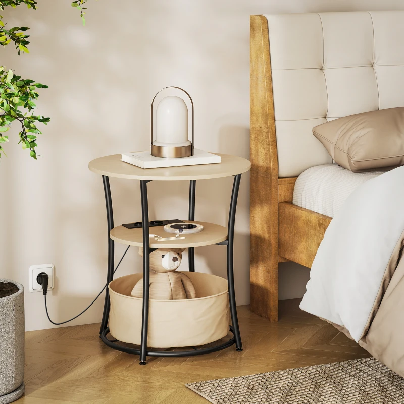 HOMCOM Beistelltisch 3-stufiger Couchtisch mit Ladestation, Stoff-Aufbewahrungstasche, Ablage, 50x50x55,1 cm Naturholz