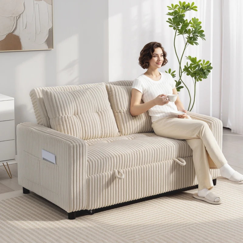 HOMCOM 2-Sitzer Sofabett, Cordbezug, zum Schlafsofa umwandelbar, 2 Kissen, Seitentaschen, 157 x 190 cm, Cremeweiß