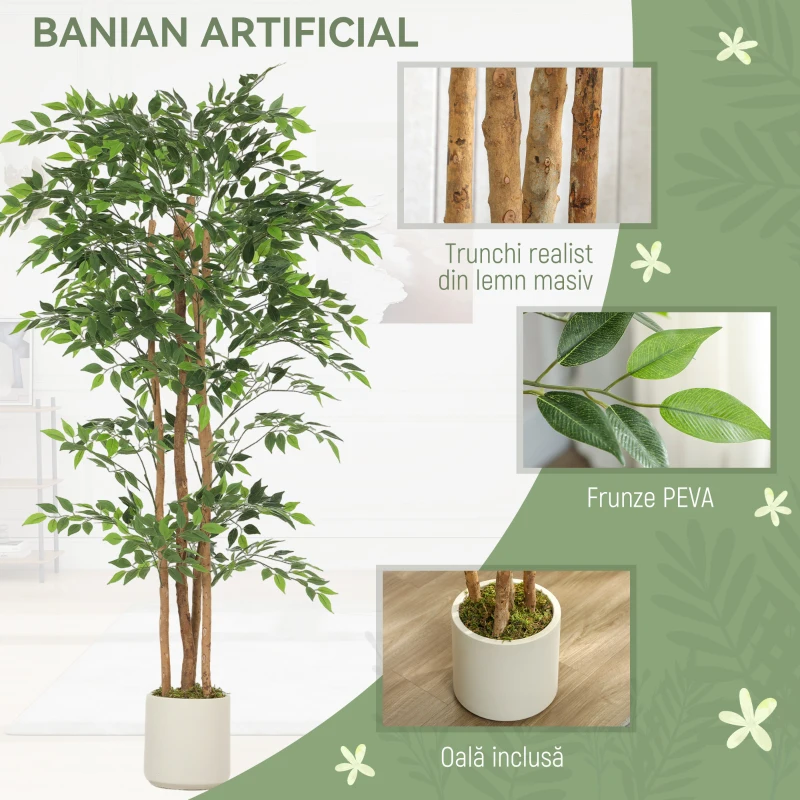 HOMCOM Plantă Artificială Ficus Banyan din Peva și Lemn, cu Ramuri Flexibile și Ghiveci din PP și Ciment, Verde