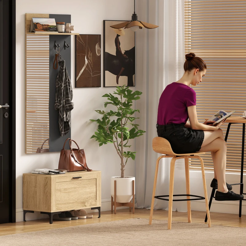 HOMCOM Garderobenset für Eingangsbereich, Schuhbank, Spiegel, 3 Haken, Offenes Regal, Flurmöbel, Naturholz+Grau