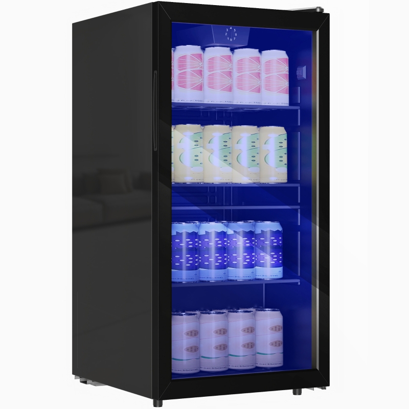 HOMCOM Mini Kühlschrank 93L Kühlbox mit Glastür, verstellbaren Regalen, LED, Temperaturregelung, 47,2 x 43,7 x 83,3 cm Schwarz