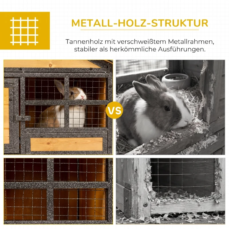 PawHut Kleintierstall mit Freigehege u. Rampe 122 cm x 63 cm x 92 cm Tannenholz Metall Hellgelb+Dunkelgrau