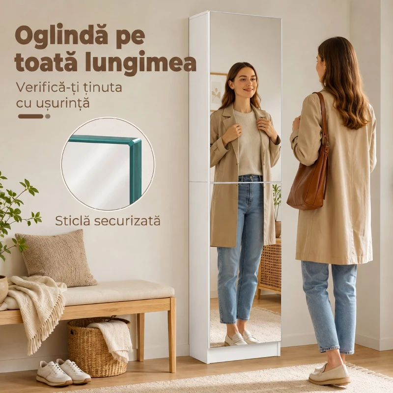 HOMCOM Dulap pentru Pantofi cu Oglindă, Uși Reversibile cu 5 Rafturi din Material Textil, 50 x 20 x 180 cm, Alb