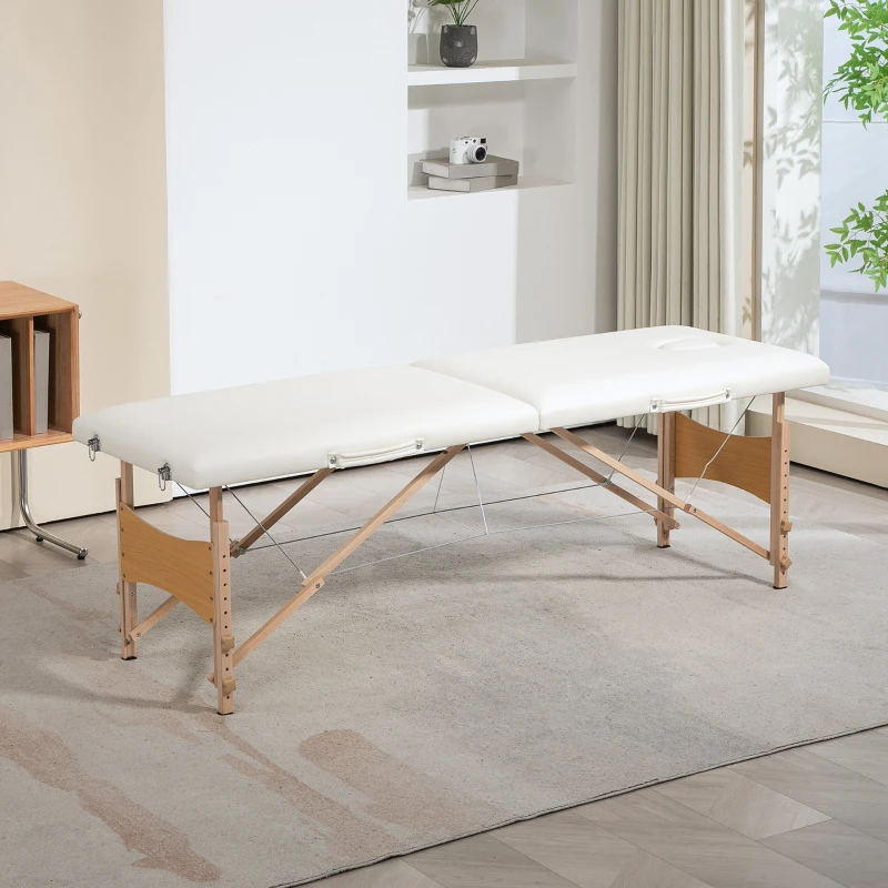 HOMCOM Marquesa de Massagem Dobrável com Estrutura em Madeira, Altura Ajustável e Bolsa de Transporte, 186x60x61-87 cm, Creme