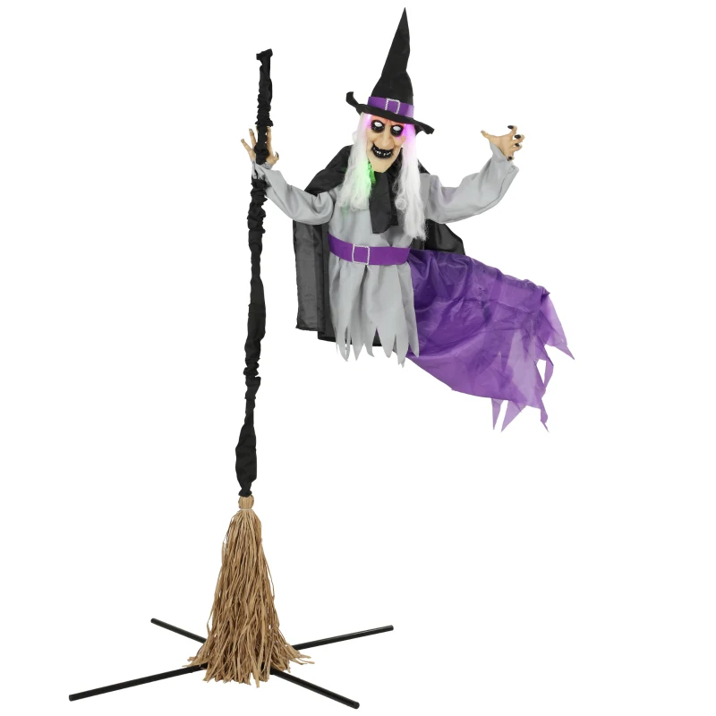HOMCOM 200cm Life Size Animated Flying Witch Halloween Decorations Outdoor Indoor, Scary Halloween Animatronics Decor