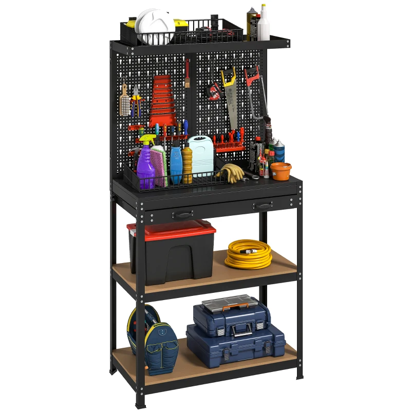 HOMCOM Werkbank 80 x 40,5 x 155 cm Werkzeugbank mit Lochwand, Haken,  Schublade, 2 Ablagen für Werkstatt Schwarz