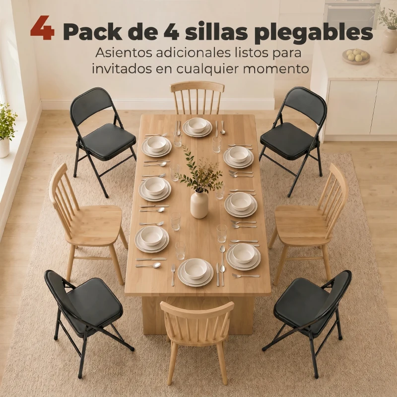 HOMCOM Juego de 4 Sillas Plegables Acolchadas con Respaldo y Estructura de Acero para Salón Comedor Cocina 45x46x78 cm Negro