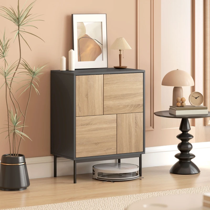 HOMCOM Sideboard mit Push-to-Open Türen, Esszimmerschrank mit Metallbeinen, Küchenschrank, MDF, Schwarz+Naturholz
