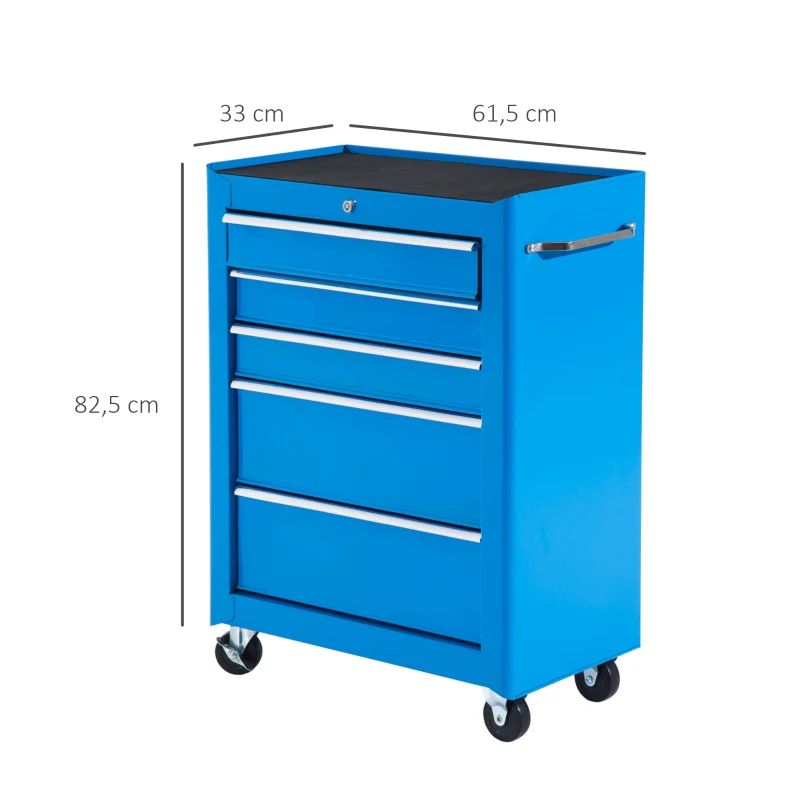 HOMCOM Werkzeugschrank, Werkzeugkiste, 5 Schubladen, rollbar, Stahl, Blau