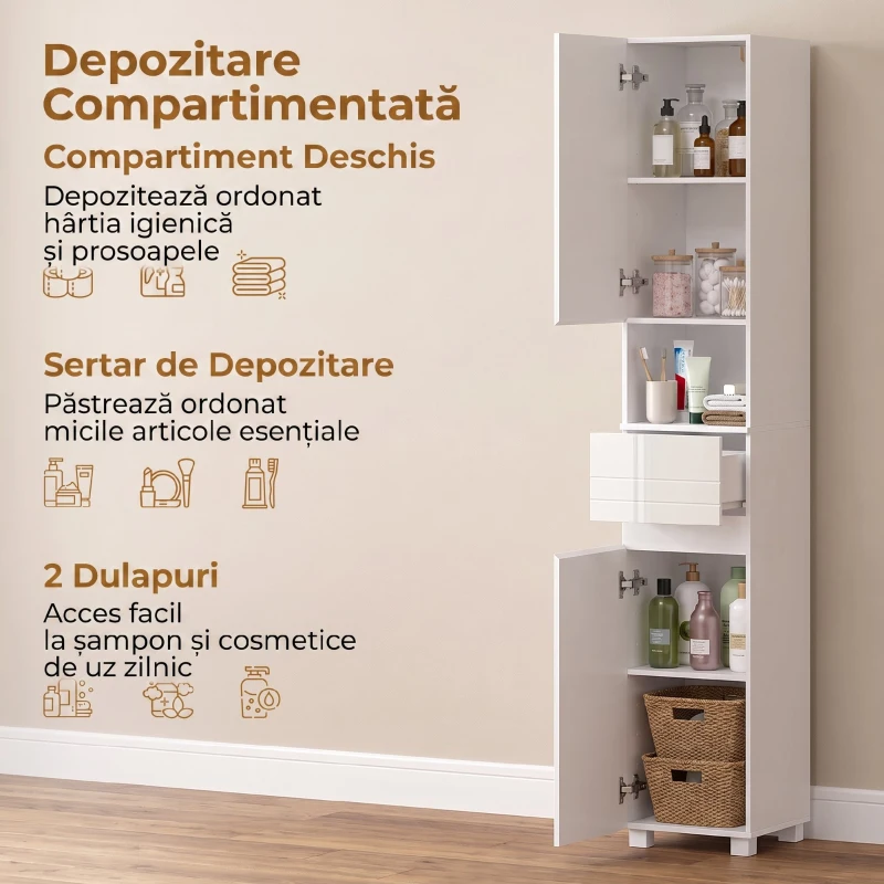 HOMCOM Dulap Baie Înalt, Economisire Spațiu, cu Sertar, Alb Lucios