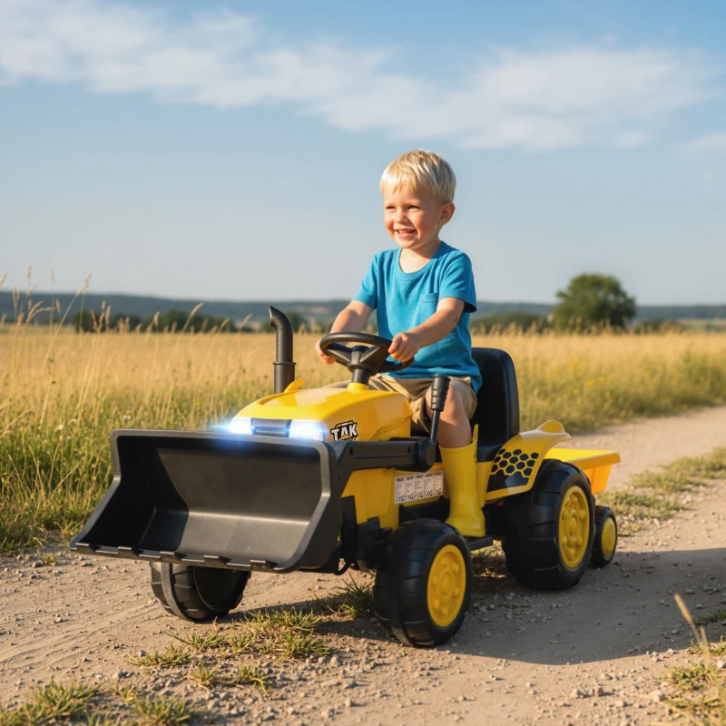 AIYAPLAY Tractor Eléctrico para Niños con Remolque Desmontable y Pala Batería 12V Motor Doble Control Remoto 2,4G Luces Música