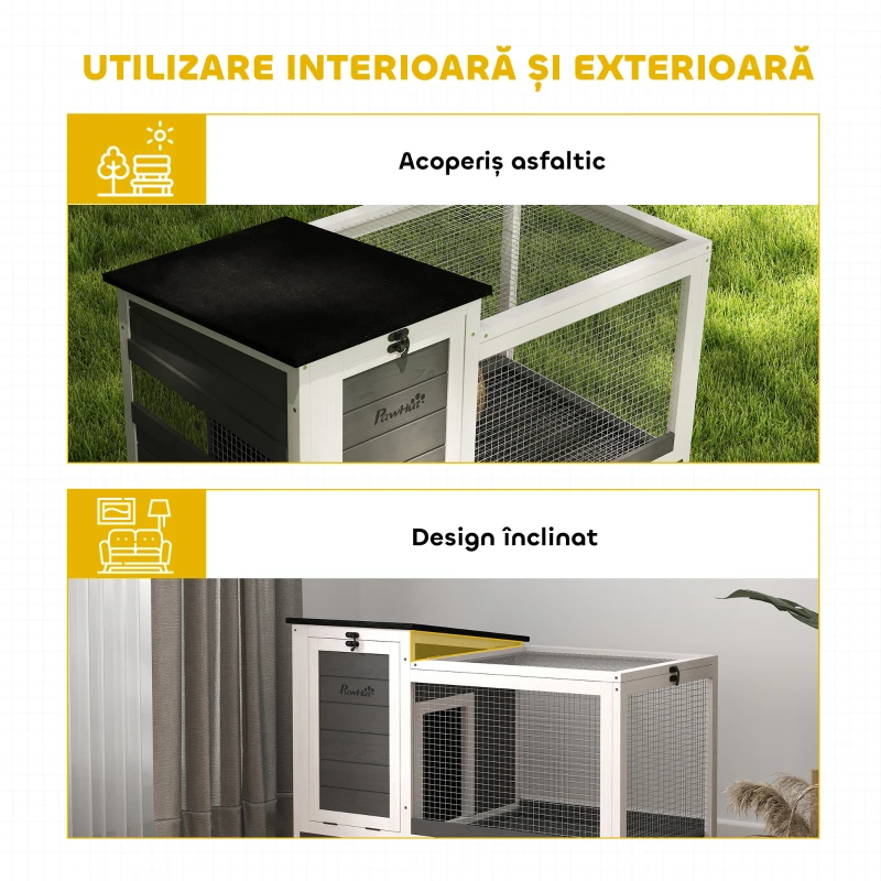 PawHut Cușcă pentru iepuri de exterior pe roți, cu tavă detașabilă, din lemn de brad și oțel, 91x51x66 cm, multicoloră