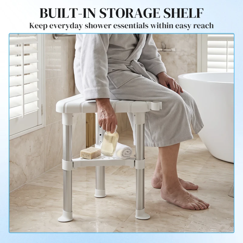 HOMCOM Shower Stool, Aluminium Alloy Corner Shower Chair with Storage Shelf and HDPE Seat, Adjustable Height, White