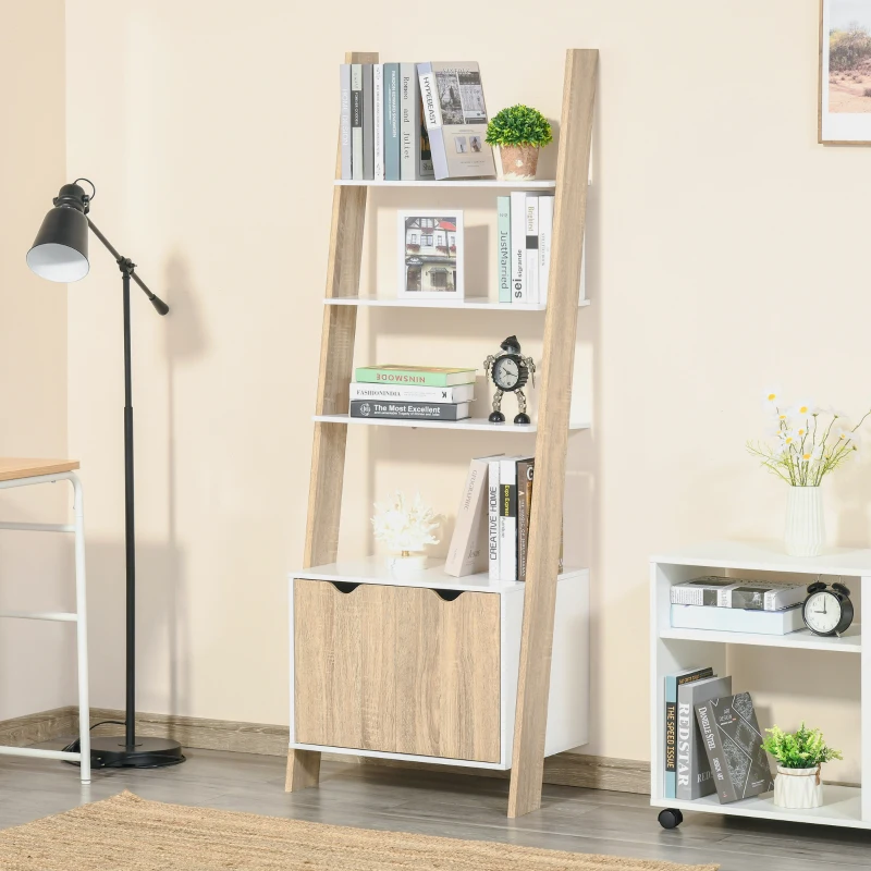 HOMCOM Estantería en Forma de Escalera de Madera Librería con 3 Estantes y 1 Armario de Almacenaje 60x40x171 cm Roble y Blanco
