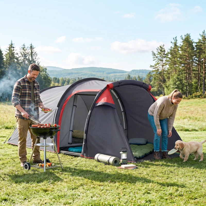 Outsunny Tienda de Campaña Familiar 2 Personas Plegable Impermeable a Prueba de UV 20+ con Vestíbulo 426x206x154 cm Gris Oscuro