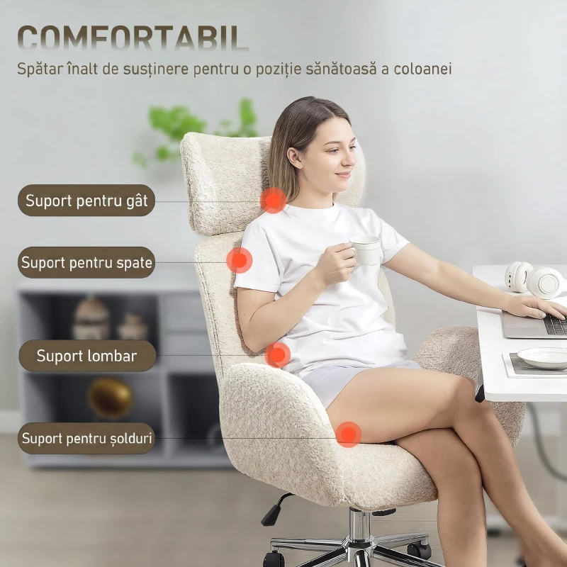 HOMCOM Scaun de Birou Rotativ din Bouclé cu Tetieră, Înălțime Reglabilă, Funcție Balansare, Gri Deschis