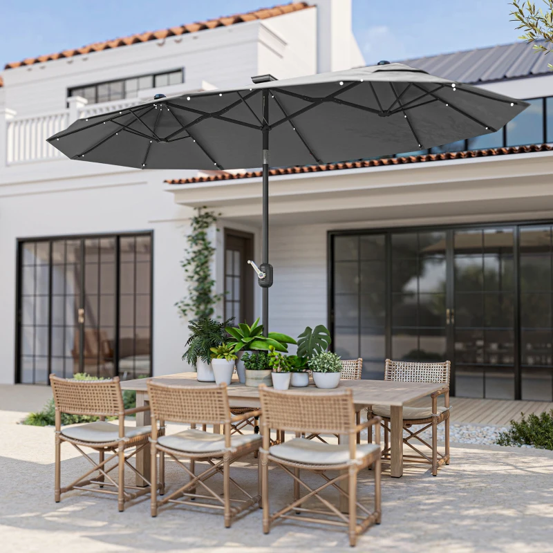 Outsunny Chapéu de Sol Duplo 295x150x219 cm com Luzes LED Solares Teto com Inclinação Ajustável e Manivela Manual para Jardim Cinza