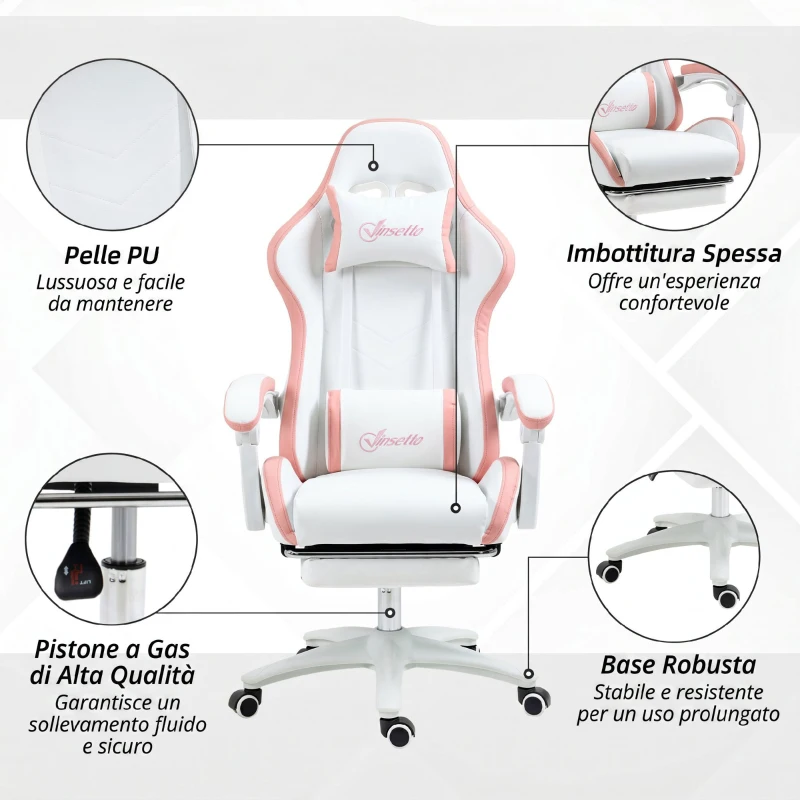 Vinsetto Sedia da Gaming con Altezza Regolabile e Schienale Reclinabile, 65x65x121-129 cm, Bianco e Rosa