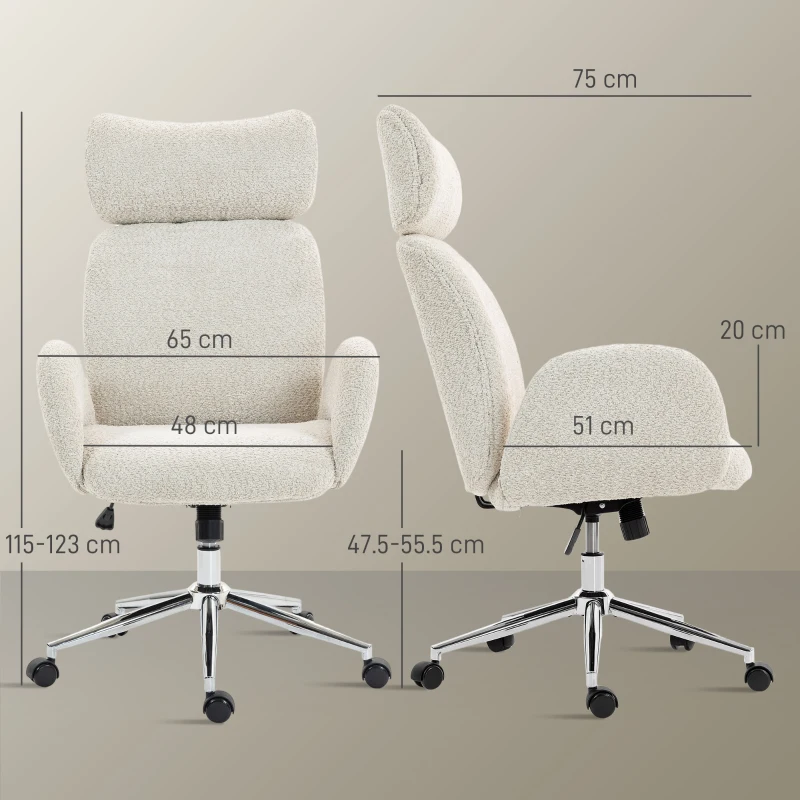 HOMCOM Scaun de Birou Rotativ din Bouclé cu Tetieră, Înălțime Reglabilă, Funcție Balansare, Gri Deschis