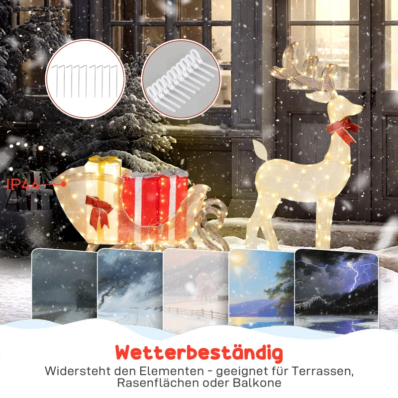 Outsunny Beleuchtetes Weihnachtsrentier mit Schlitten, warmweiße LEDs, Stahlrahmen, wasserfest, Goldfarben