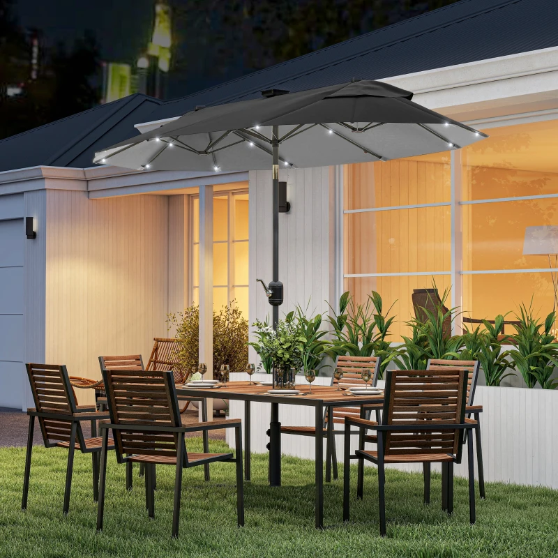 Outsunny Chapéu de Sol Duplo 295x150x219 cm com Luzes LED Solares Teto com Inclinação Ajustável e Manivela Manual para Jardim Cinza